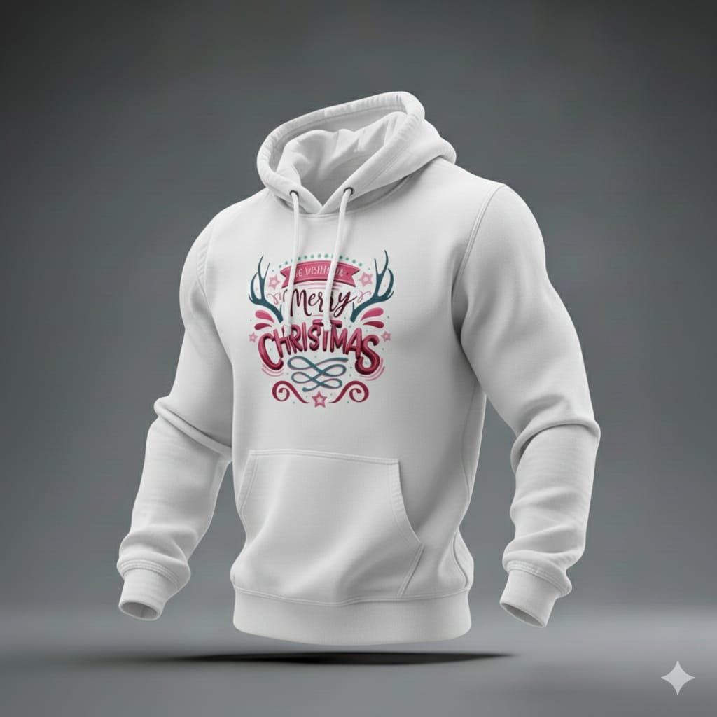 Modern Antlers Merry Christmas Lettering Hoodie | Trendy Holiday Graphic Pullover Sweatshirt