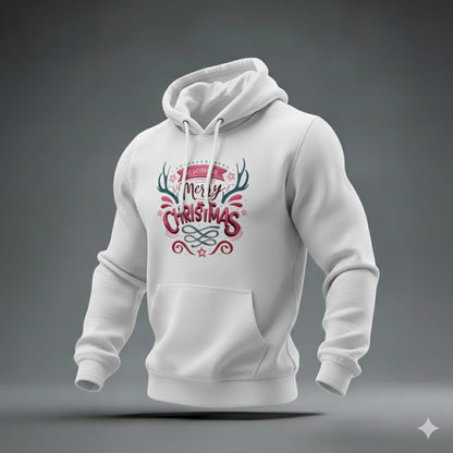 Modern Antlers Merry Christmas Lettering Hoodie | Trendy Holiday Graphic Pullover Sweatshirt